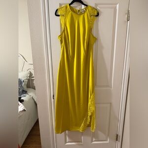 Vibrant Yellow Asymmetrical Dress with Lace Accents